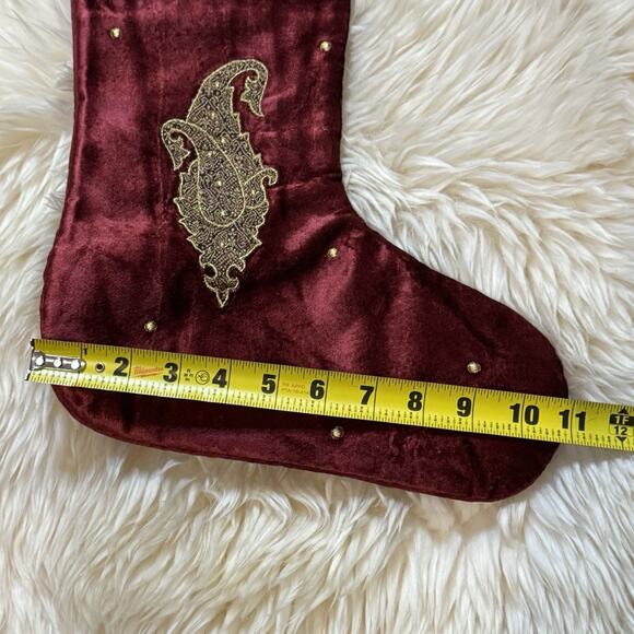 VTG Burgundy Velvet Gold Thread Paisley Brocade Crystal Bead Christmas Stocking - Picture 4 of 9